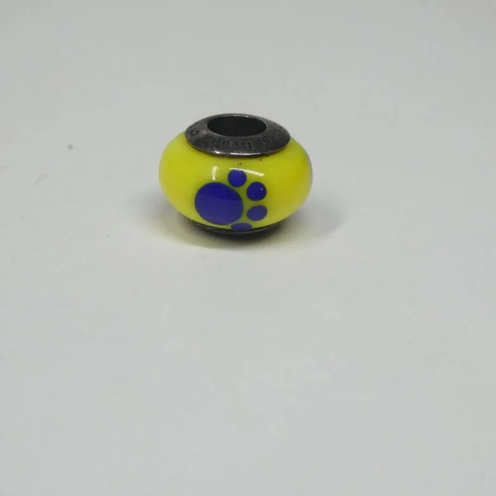 Ohm Glass Bead Blue Yellow Paw Print Dog 925 Sterling Silver Charm